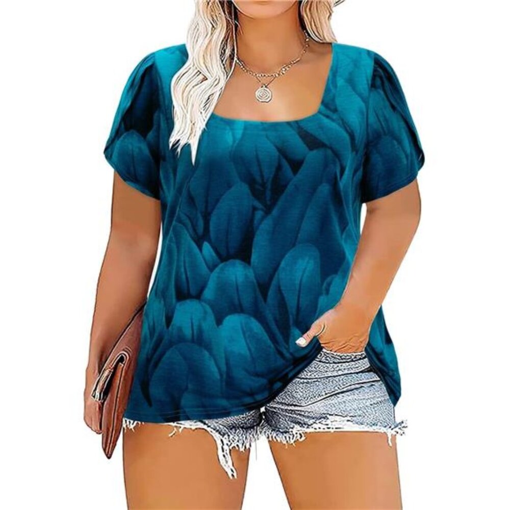 Women Short Sleeve Plus Size Tunics, Square Neck Tops Casual Loose Fit T Shirt